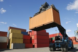container lifted by forklift